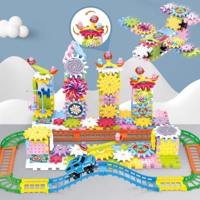 Versatile electric building block gear rotating toy assembly